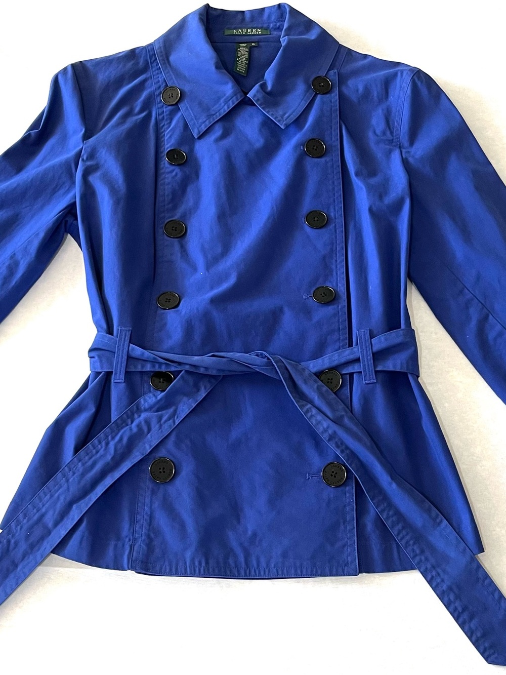 Lauren Ralph Lauren Cobalt Blue Belted Trench Jacket XL Preppy Double Breasted